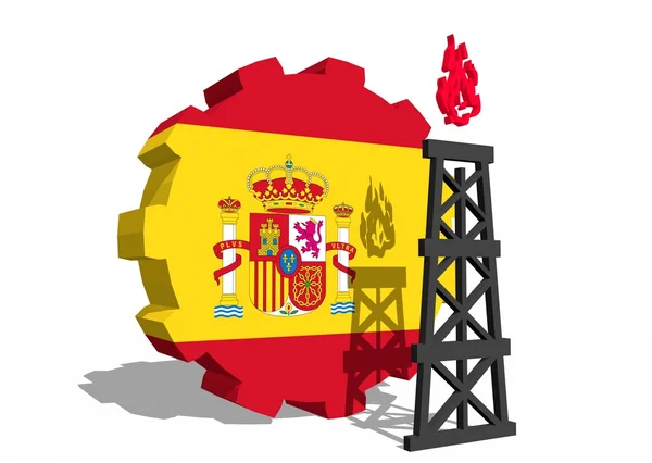 Spain national flag on gear and 3d gas rig model near — Stock Photo, Image