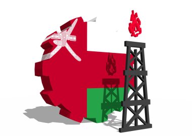 dişli ve 3d gaz sondaj platformu modeli yakınındaki Umman bayrağı