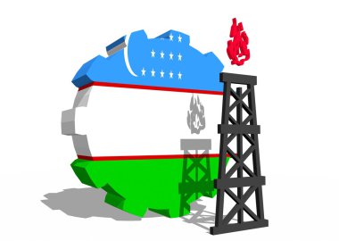 dişli ve 3d gaz sondaj platformu modeli yakınındaki Özbekistan bayrağı