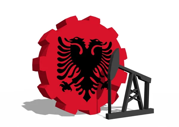 Albania national flag on gear and 3d derrick model near — Stock Photo, Image