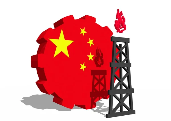 China national flag on gear and 3d gas rig model near — Stock Photo, Image