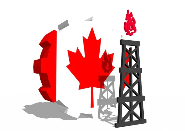 Canada national flag on gear and 3d gas rig model near — Stock Photo, Image