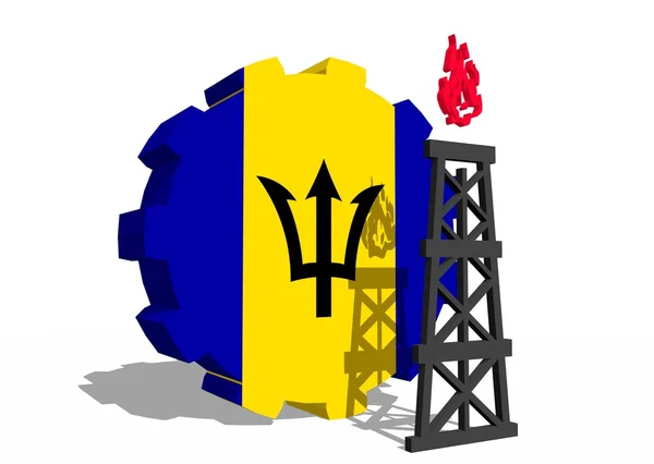 Barbados national flag on gear and 3d gas rig model near — Stock Photo, Image