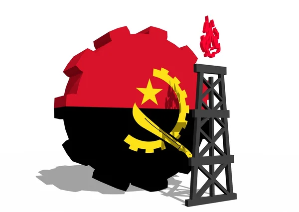 Ангольский национальный флаг на передаче и 3D модель газовой вышки вблизи — стоковое фото
