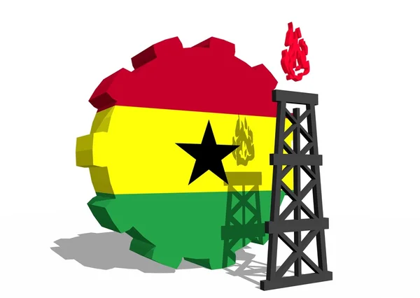 Ghana national flag on gear and 3d gas rig model near — Stock Photo, Image