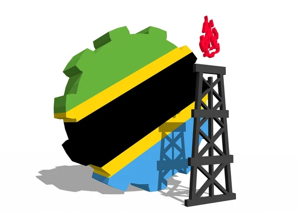 Tanzania national flag on gear and 3d gas rig model near — Stock Photo, Image