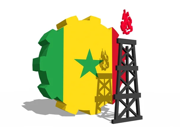 Drapelul național al Senegalului pe unelte și modelul 3d al platformei de gaz în apropiere — Fotografie, imagine de stoc