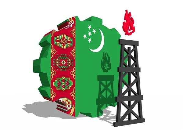 Bandera nacional de Turkmenistán en marcha y modelo de plataforma de gas 3d cerca — Foto de Stock