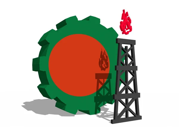 孟加拉国国旗上的齿轮和附近的 3d 气体钻井平台模型 — 图库照片