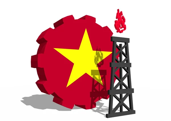 Национальный флаг Вьетнама на передаче и 3D модель газовой буровой установки вблизи — стоковое фото