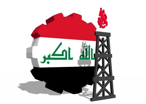 Государственный флаг Ирана на передаче и 3D модель газовой буровой установки вблизи — стоковое фото