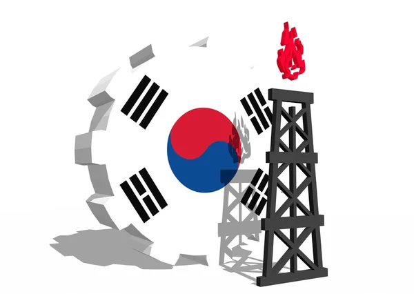 Dişli ve 3d gaz sondaj platformu modeli yakınındaki Güney Kore bayrağı — Stok fotoğraf
