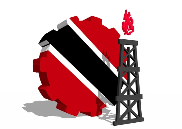 Trinidad national flag on gear and 3d gas rig model near — Stock Photo, Image