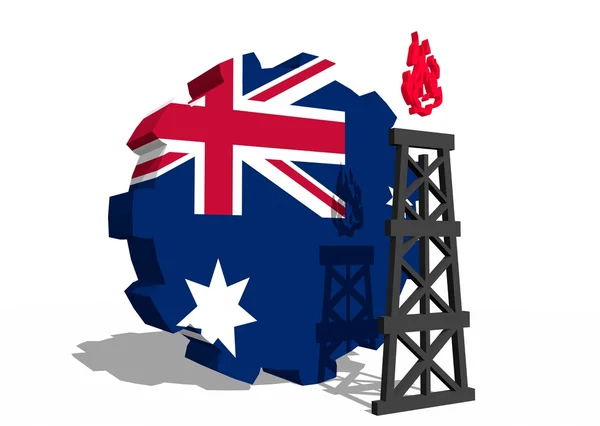 Australia bandiera nazionale su ingranaggi e 3d gas rig modello vicino — Foto Stock