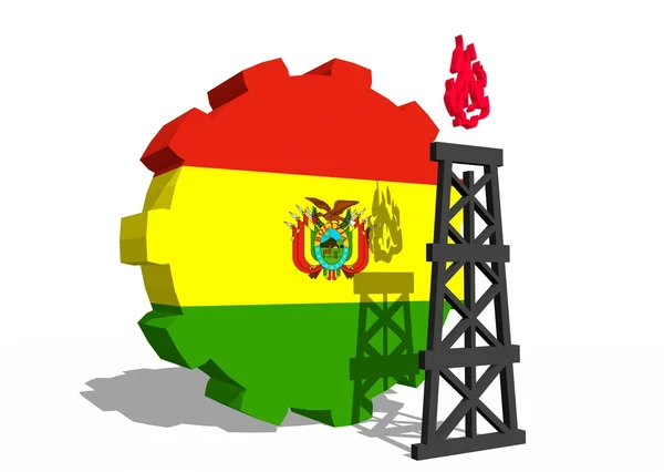 Bolivia national flag on gear and 3d gas rig model near — Stock Photo, Image