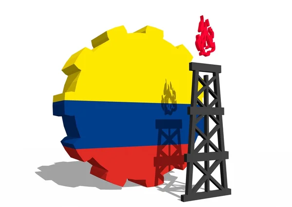 Colombia national flag on gear and 3d gas rig model near — Stock Photo, Image