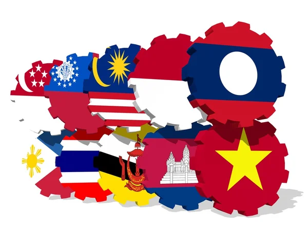 Membres de l'ASEAN drapeaux sur les engrenages — Photo