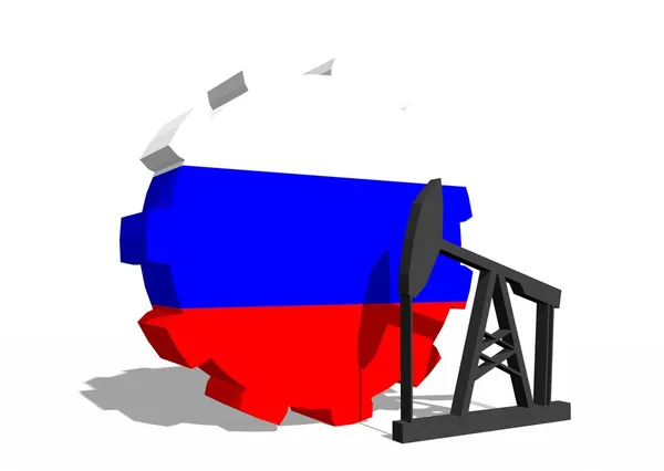 Russia national flag on gear and 3d derrick model near — Stock Photo, Image