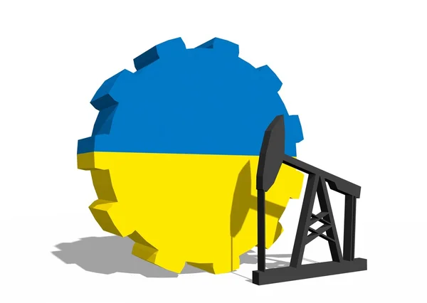 Ukraine national flag on gear and 3d derrick model near — Stock Photo, Image