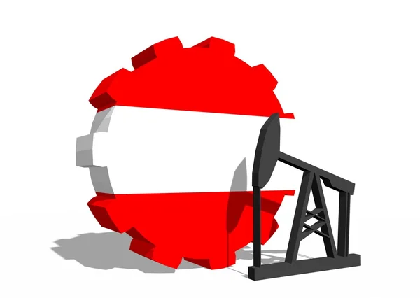 Austria national flag on gear and 3d derrick model near — Stock Photo, Image