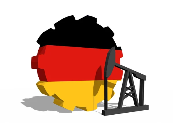 Dişli ve 3d derrick modeli yakın Almanya ulusal bayrak — Stok fotoğraf