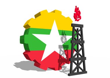 dişli ve 3d gaz sondaj platformu modeli yakınındaki Myanmar bayrağı