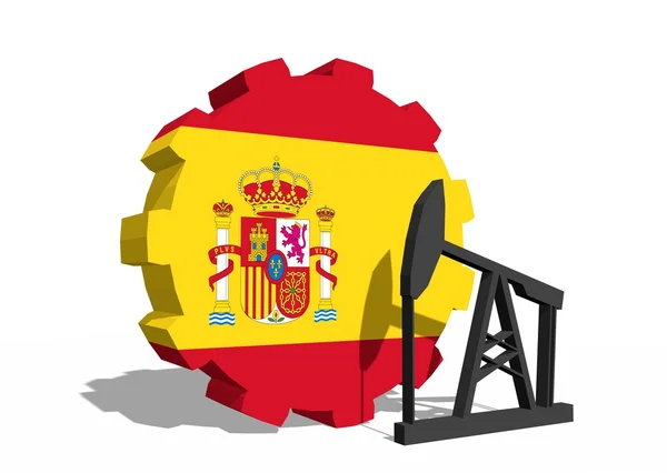 Spain national flag on gear and 3d derrick model near — Stock Photo, Image