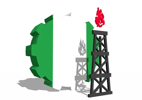 尼日利亚国旗上的齿轮和附近的 3d 气体钻井平台模型 — 图库照片