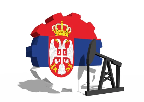 Sérvia bandeira nacional na engrenagem e modelo 3d derrick perto — Fotografia de Stock