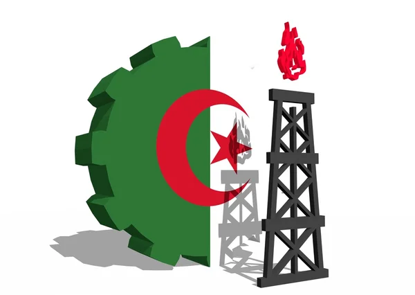Algeria national flag on gear and 3d gas rig model near — Stock Photo, Image