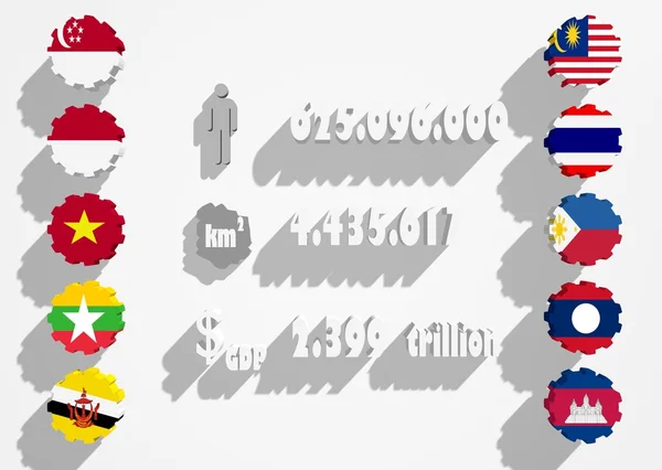Miembros de la ASEAN banderas en engranajes — Foto de Stock
