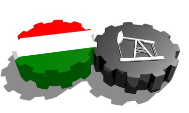 nationale vlag van Hongarije en 3D-derrick model op versnellingen