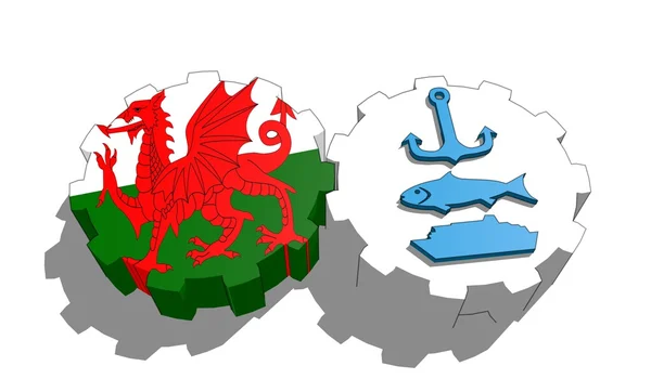 National flag of the wales and ship, fish, anchor icons on gears — Stock Photo, Image