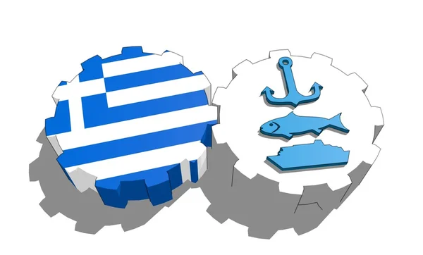 国旗的希腊和船，鱼，锚定在齿轮上的图标 — 图库照片
