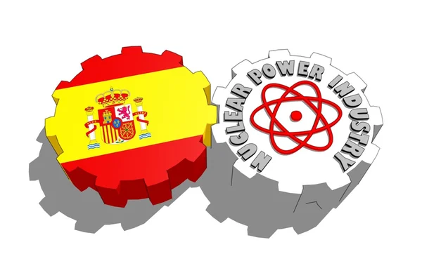 Spain national flag and atom energy symbol on gears — Stock Photo, Image