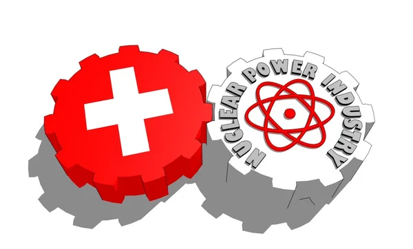 Switzerland national flag and atom energy symbol on gears — Stock Photo, Image