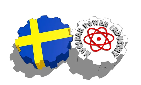 Sweden national flag and atom energy symbol on gears — Stock Photo, Image