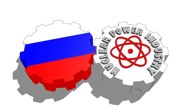 Russia  national flag and atom energy symbol on gears — Stock Photo, Image