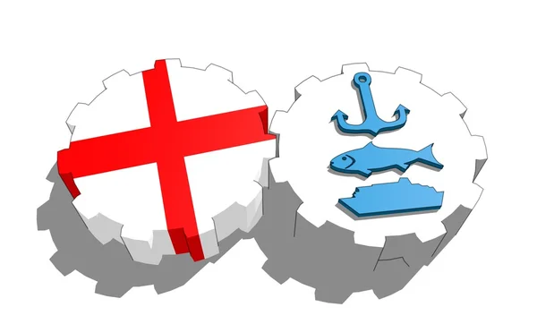 National flag of the england and ship, fish, anchor icons on gears — Stock Photo, Image