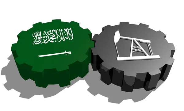 Nationalflagge von Saudi-Arabien und 3D-Derrick-Modell auf Zahnrädern — Stockfoto