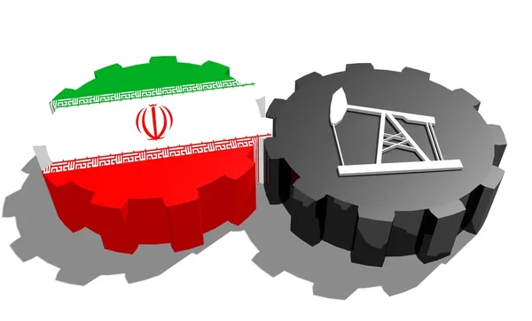 National flag of iran and 3d derrick model on gears — Stock Photo, Image