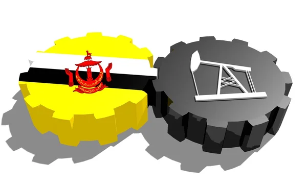 National flag of brunei and 3d derrick model on gears — Stock Photo, Image