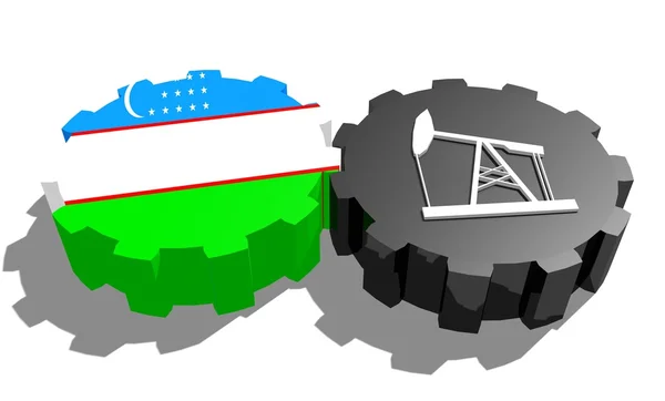 国旗乌兹别克斯坦和齿轮的三维井架模型。 — 图库照片