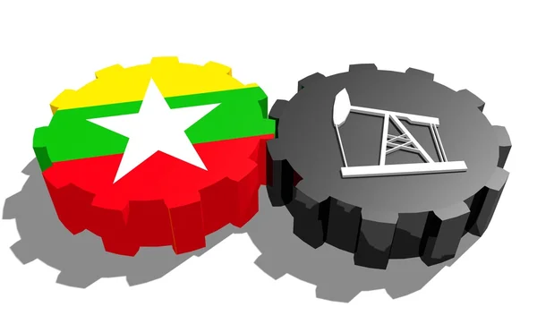 Государственный флаг Мьянмы и 3D модель деррика на шестернях — стоковое фото