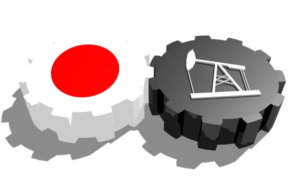 Bandeira nacional do japão e modelo 3d derrick em engrenagens — Fotografia de Stock