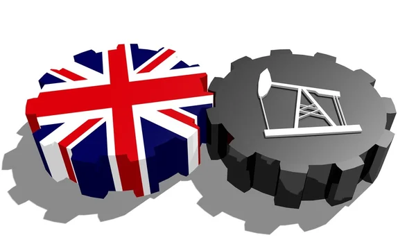 Národní vlajka Spojeného království a 3d derrick model, na Ozubená kola — Stock fotografie