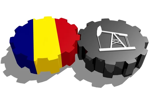 National flag of romania and 3d derrick model on gears — Stock Photo, Image