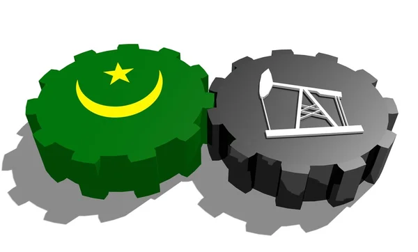 National flag of mauritania and 3d derrick model on gears — Stock Photo, Image