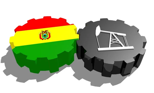 Nationalflagge von Bolivien und 3D-Derrick-Modell auf Zahnrädern — Stockfoto