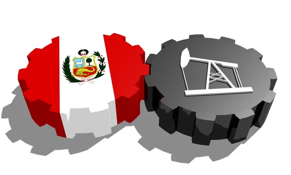 Bandera nacional de perú y 3d modelo derrick en engranajes — Foto de Stock